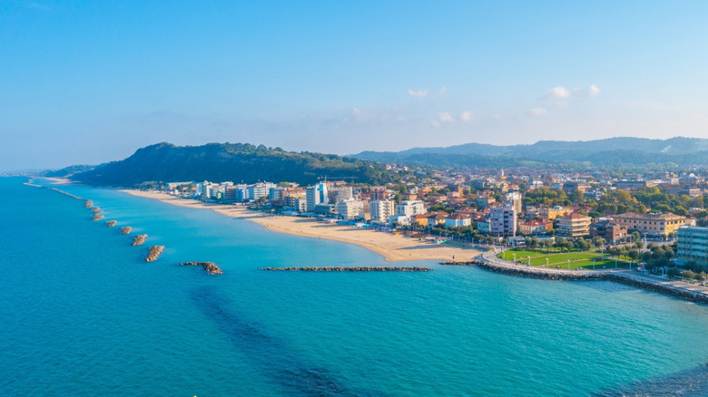 Aerial view of the beach in Pesaro, Italy