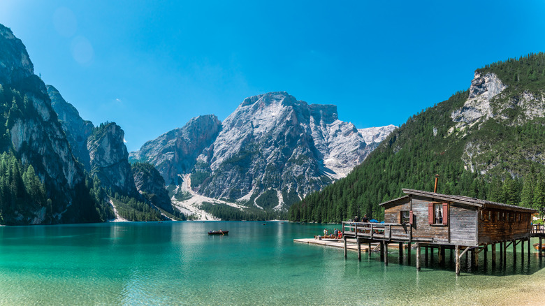 View of the blue waters at Lago di Braies in South Tyrol, Italy