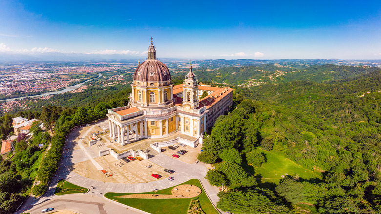 Yellow baroque church, Basilica of Superga, overlooking Turin