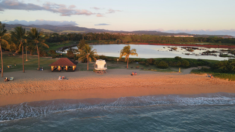 Aerial view of Salt Pond Beach Park with salt ponds in background