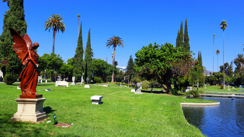 Grassy lawn with red angel statue with palms, cypress and pond