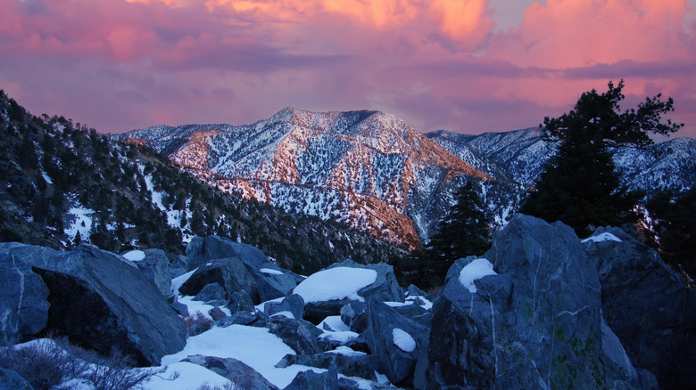 View of snowy Mount Baldy at dusk