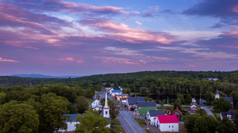 Purple sky over Monson, Maine and the surrounding forest