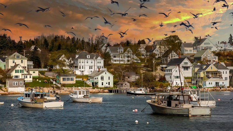 Stonington waterfront with lobster boats moored in harbor