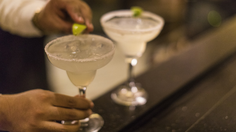 Bartender fixing garnish to margaritas