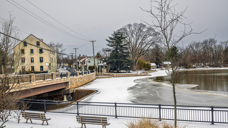 A view of the pond, the old mill, and the Main Street of Allentown, New Jersey