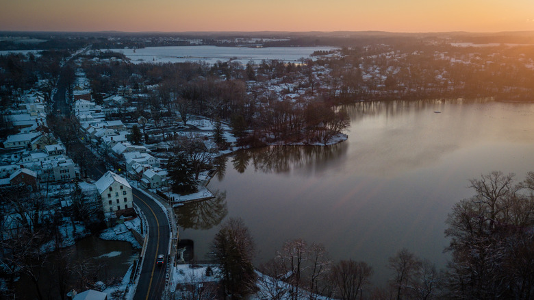 The charming town of Allentown, New Jersey, from above during winter