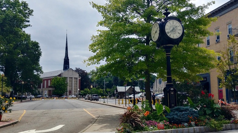 Clock and church in Ridgewood