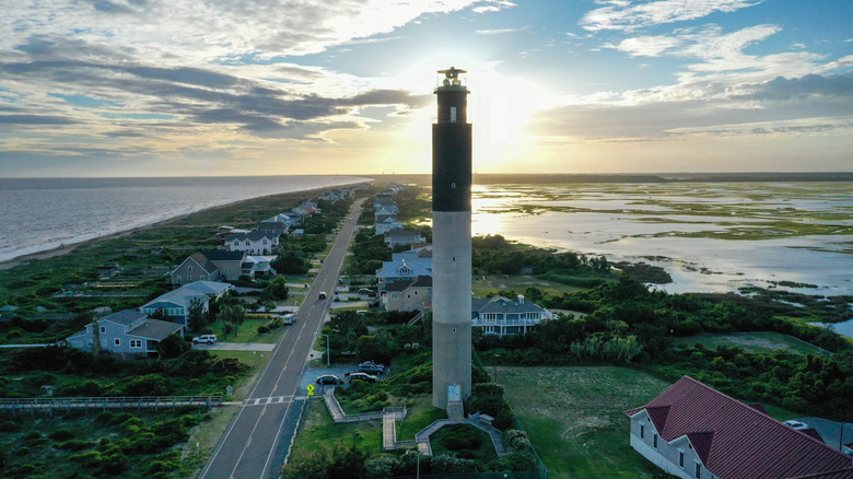 Aerial view of Oak Island lighthouse and beach just south of Southport