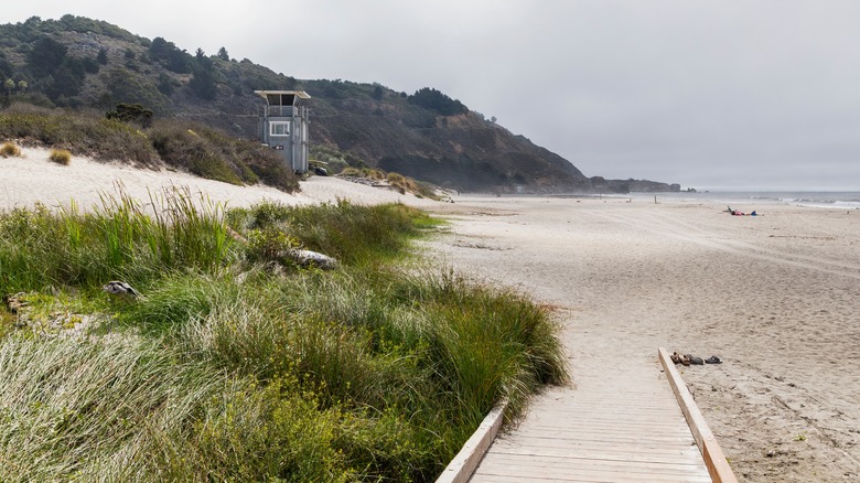 White sand lifeguard tower at Stinson Beach, CA