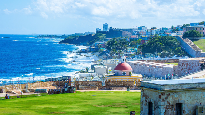 View of structures at Old San Juan, Puerto Rico, on the coast