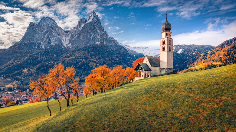 Kastelruth Castelrotto bell tower Dolomites