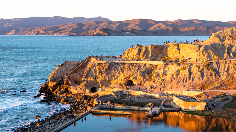 The ruins of Sutro Baths in San Francisco, with the Marin Headlands and Mt. Tamalpais in the distance.