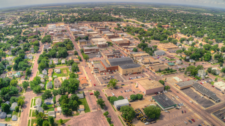 An aerial view of the small town of Mitchell, South Dakota