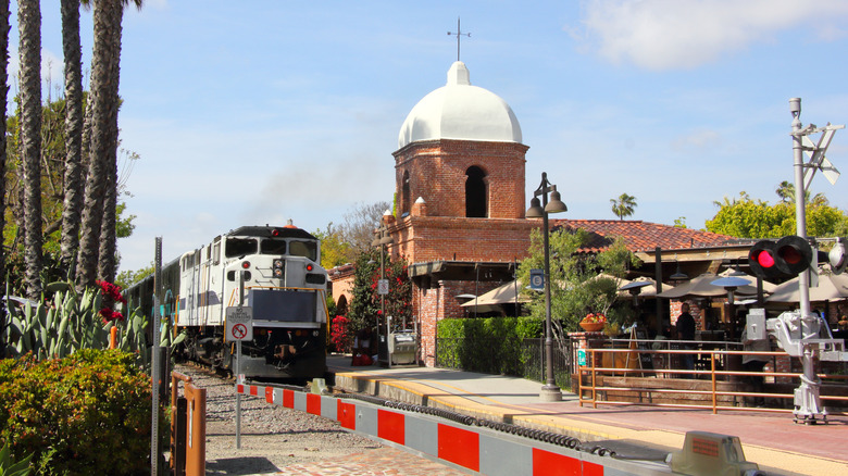 Amtrak train pulling into San Juan Capistrano