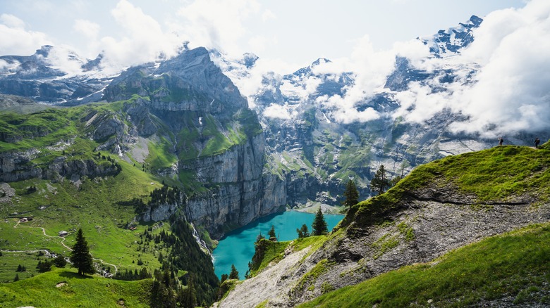 A mountain lake in the clouds in Switzerland