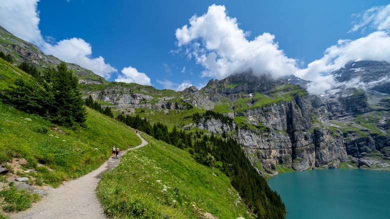 A mountain lake hiking trail in Switzerland