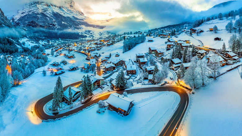 Panorama of the Swiss town Grindelwald in winter covered in snow