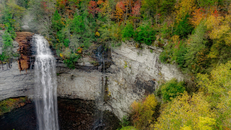 A waterfall on a foggy morning in Fall Creek Falls State Park, Tennessee