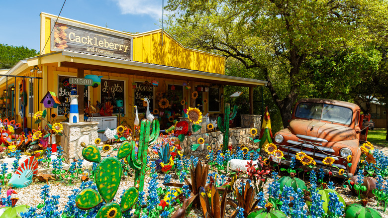 A boutique in Wimberley, Texas, displays colorful works of art.