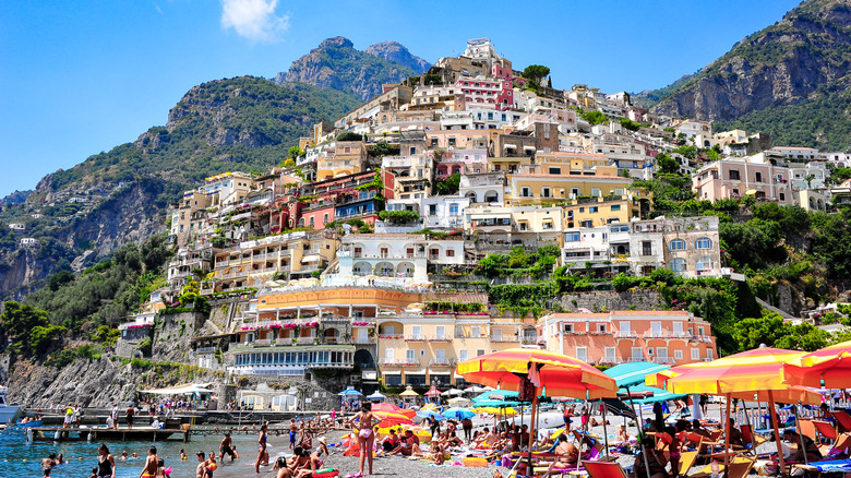 Busy afternoon on the Amalfi Coast's Spiaggia Grande beach in Positano