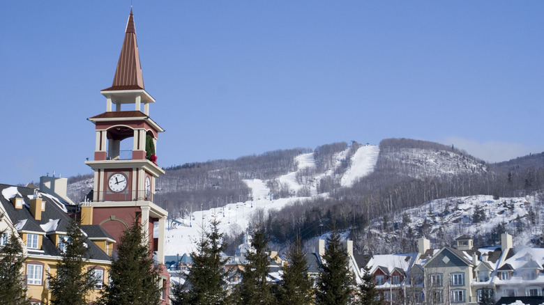 View of Tremblant town and mountain slopes in distance