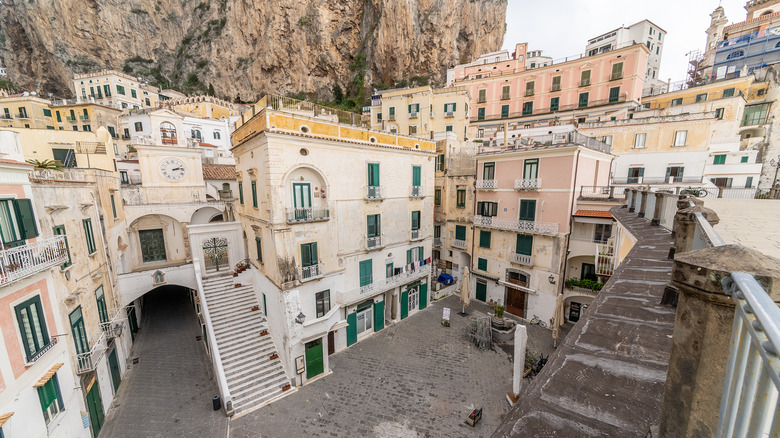 looking down at an Atrani plaza in front of Chiesa del Salvatore