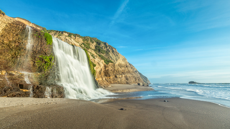 Alamere Falls flowing onto the beach in Point Reyes National Seashore