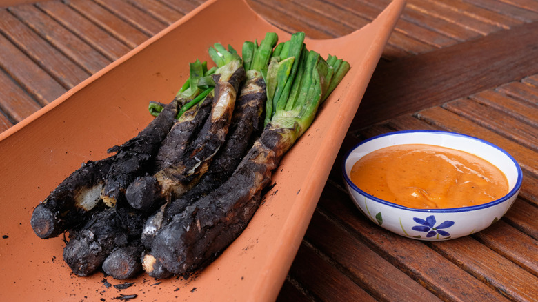 charred onions on roof tile with bowl of red sauce