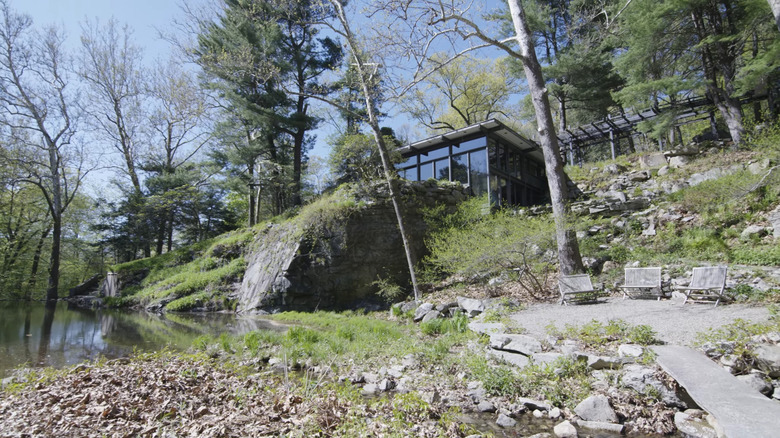 Exterior of the Dragon Rock home with trees and a pond