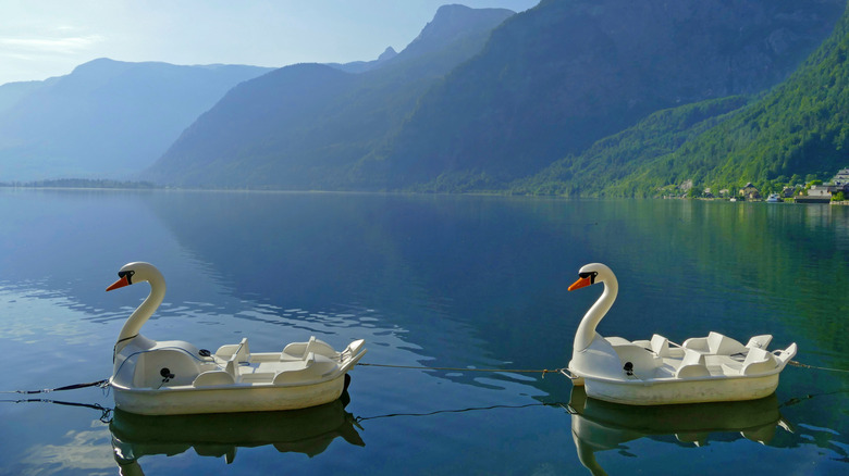 Swan boats on Lake Hallstatt in Austria