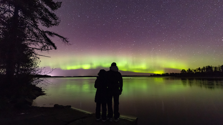 Northern lights over lake