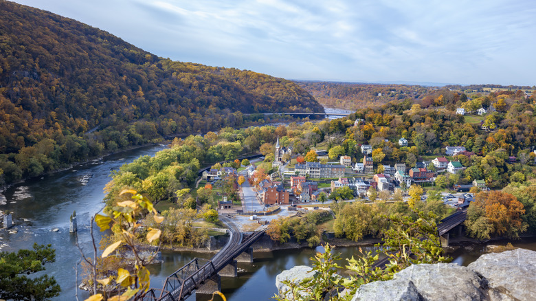 Aerial view of Harpers Ferry, West Virginia, landscape with small buildings and bridges