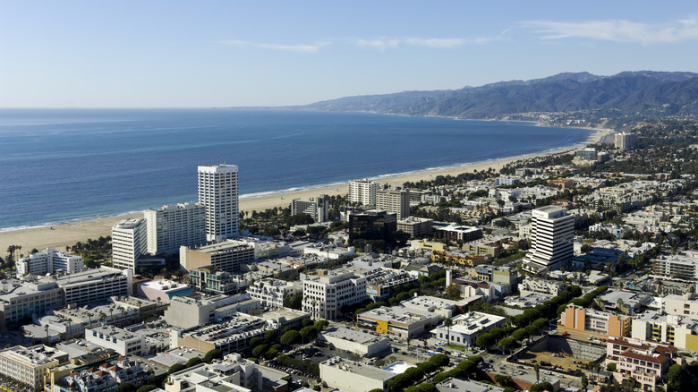 Aerial view of Santa Monica beach and buildings