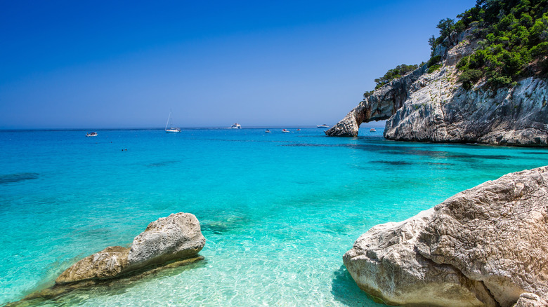 View of the turquoise water and rock formations at Cala Goloritze