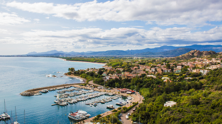 Aerial view of marina and town of Santa Maria Navaresse