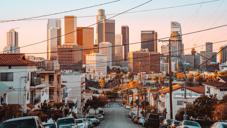 The skyline of Los Angeles from the street