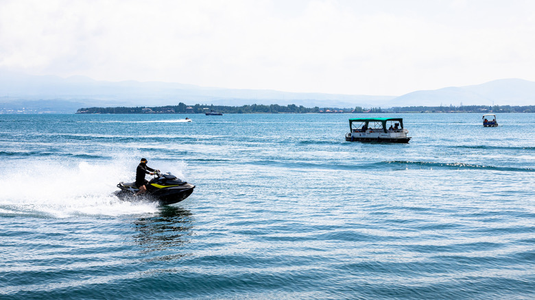 Jet ski and boats at Lake Sevan in Armenia