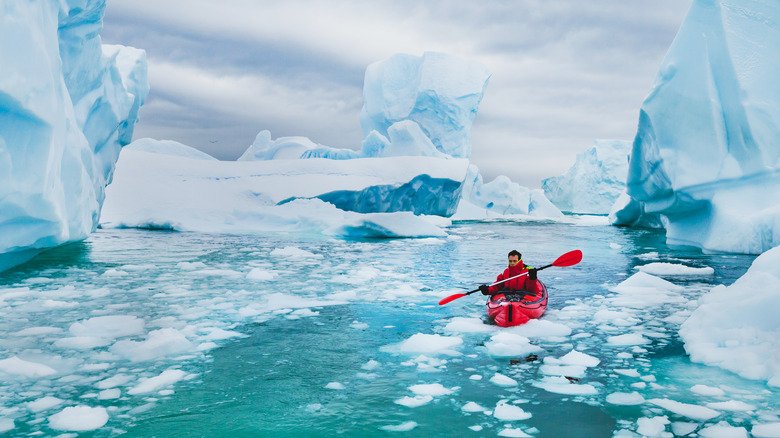 Man kayaking in Antarctica