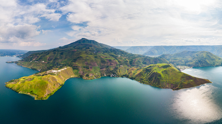 Samosir Island from above the surface of Lake Toba