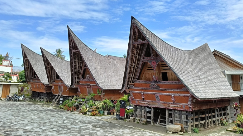 Pitched-roof Batak houses in Lake Toba, Sumatra