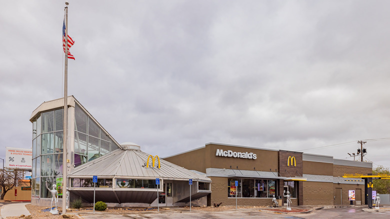 Exterior view of UFO McDonald's on a cloudy day