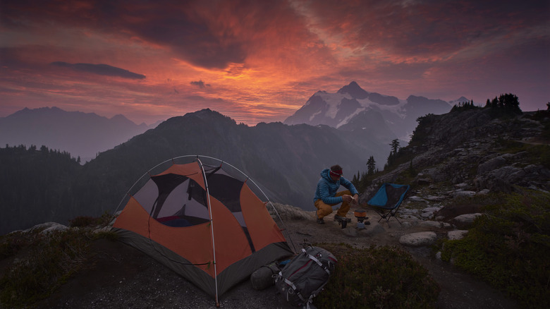 Sunset camping, North Cascades cliffside