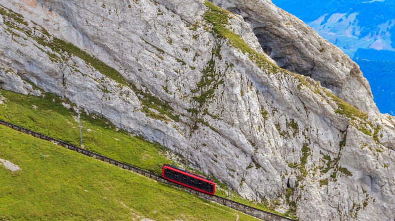 Cog railway going up Mount Pilatus in Switzerland