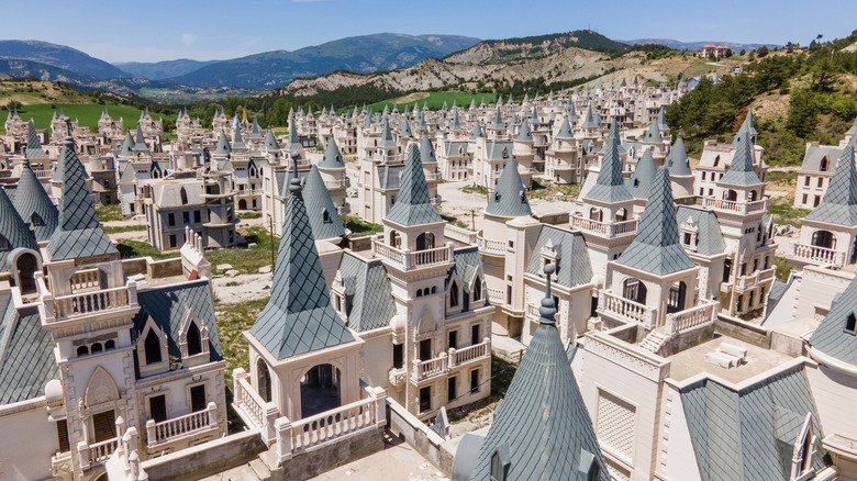 Aerial view looking down at the hypnotic rows of castle houses and towers