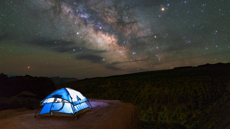 Milky Way over a tent at Capitol Reef in Utah