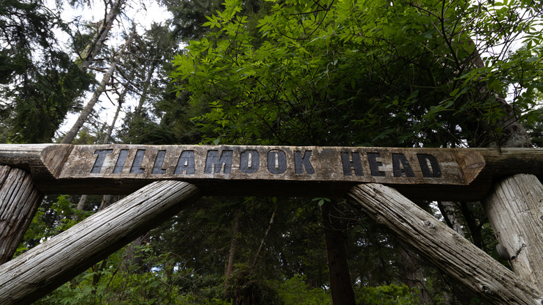 Wooden "Tillamook Head" hiking trail sign