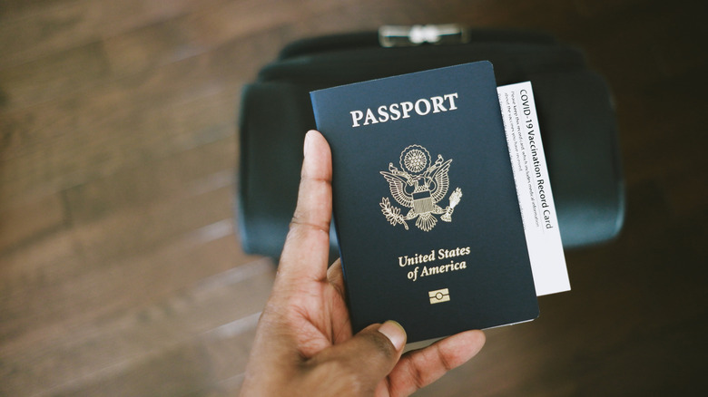 Person's hand holding a passport book