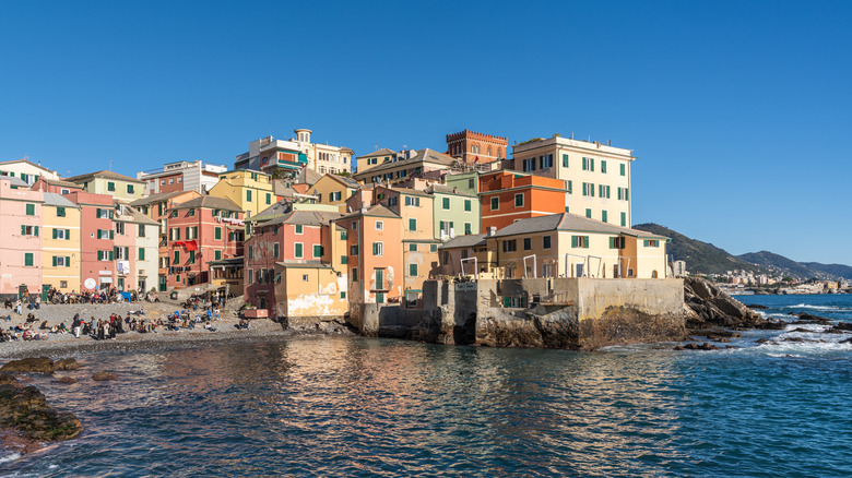 Colorful buildings next to the sea in Boccadasse, a neighborhood in Genoa, Italy