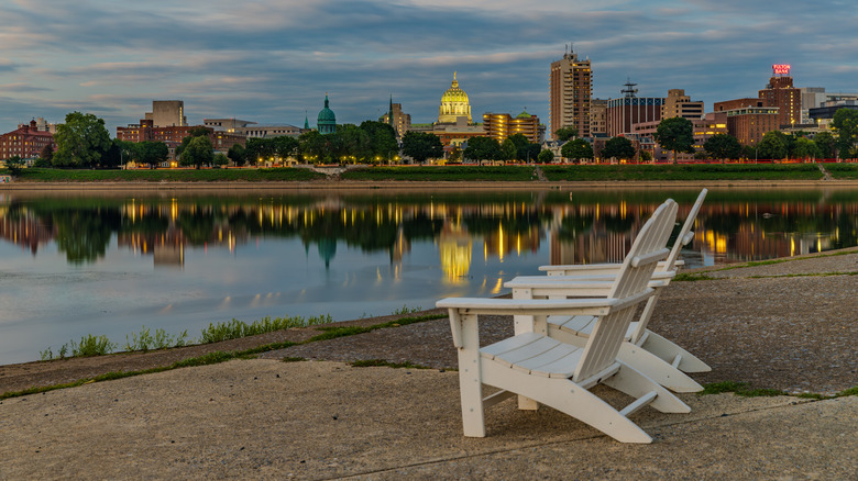 Chairs on City Island overlooking the water in front of Harrisburg, Pennsylvania